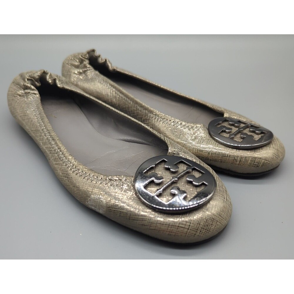 Tory Burch Reva Ballet Textured Ballet Sz 9 Metalic Pewter Leather
